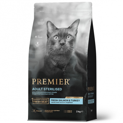 Сухой корм Premier Cat Salmon&Turkey STERILISED из свежего филе лосося с индейкой для кошек 2 кг