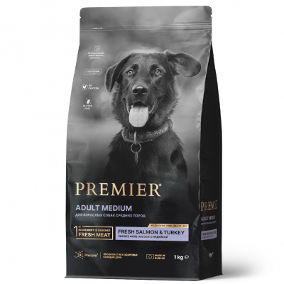 Сухой корм Premier Dog Salmon&Turkey ADULT Medium из свежего филе лосося с индейкой для собак средних пород 1 кг