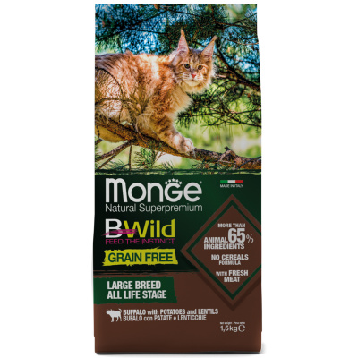 Сухой корм Monge Cat BWild GRAIN FREE для котят и крупных кошек, беззерновой, из мяса буйвола 1,5 кг