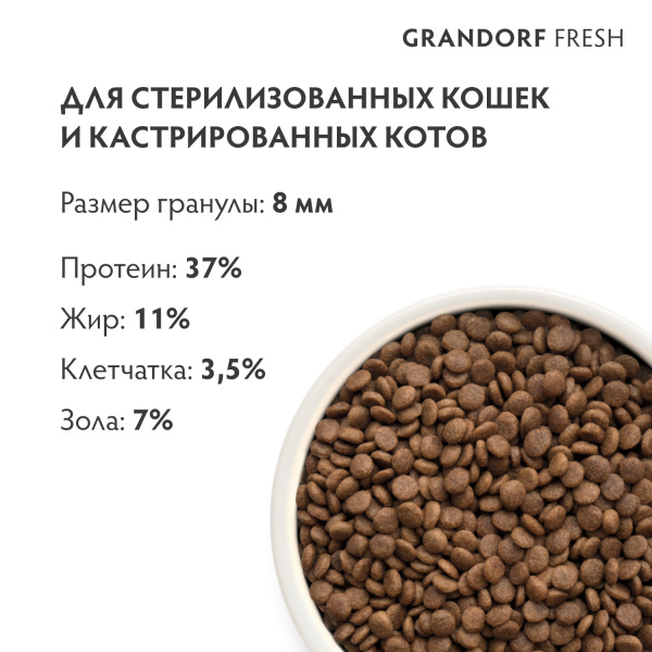 Сухой корм Grandorf Fresh Cat STERILISED для стерилизованных кошек из свежего мяса утки с бататом 400 г