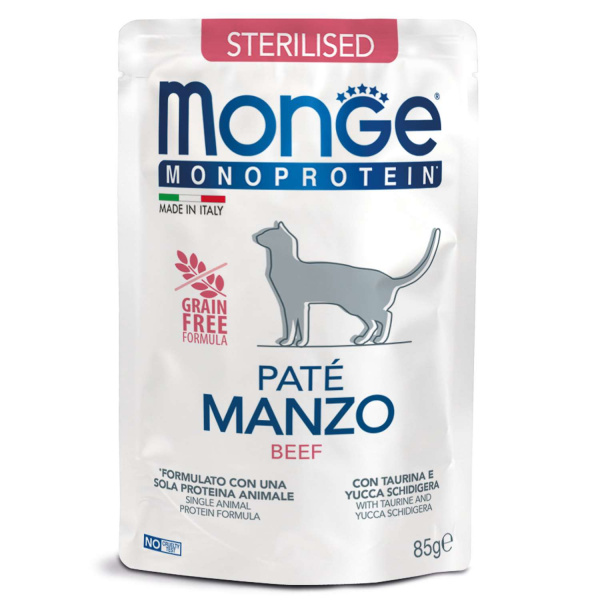 Влажный корм Monge Cat Monoprotein для стерилизованных кошек, из говядины, паучи 85 г