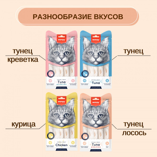 Лакомство Wanpy Cat для кошек "Нежное пюре" из тунца и лосося 25 шт х14 г