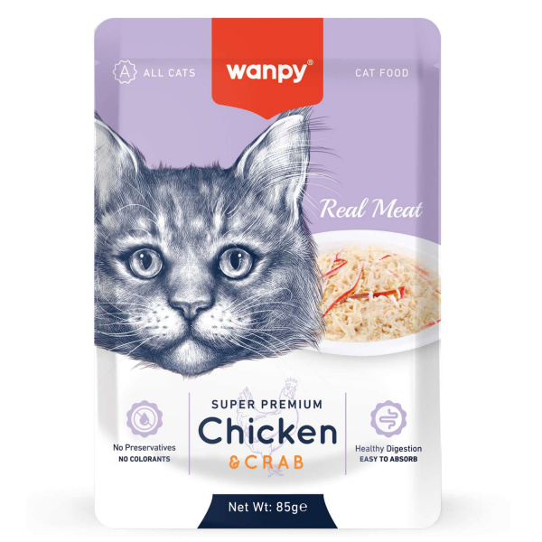 Пауч для кошек Wanpy Cat "Кусочки курицы и краб" 85 г
