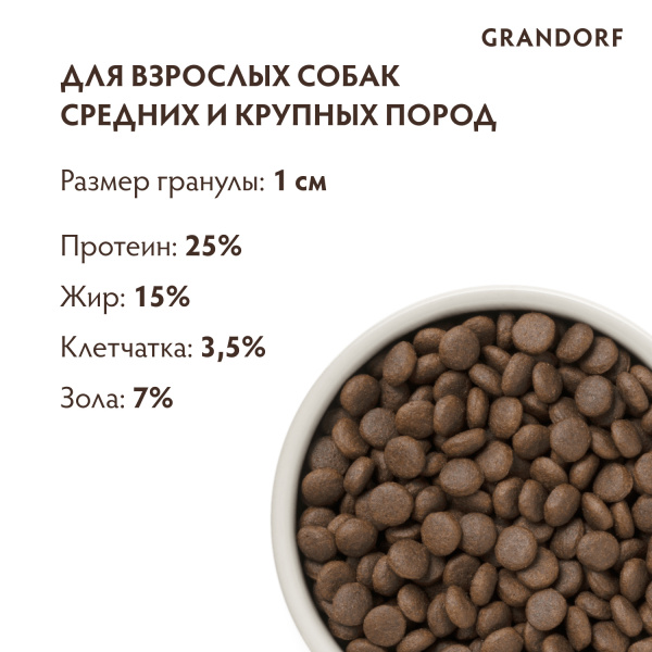 Сухой корм Grandorf Adult Medium Maxi для взрослых собак средних и крупных пород, 4 вида мяса 1 кг
