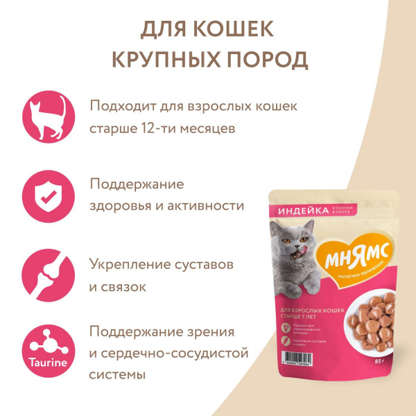 Влажный корм Мнямс Кусочки в соусе с индейкой для кошек старше 7 лет  85г