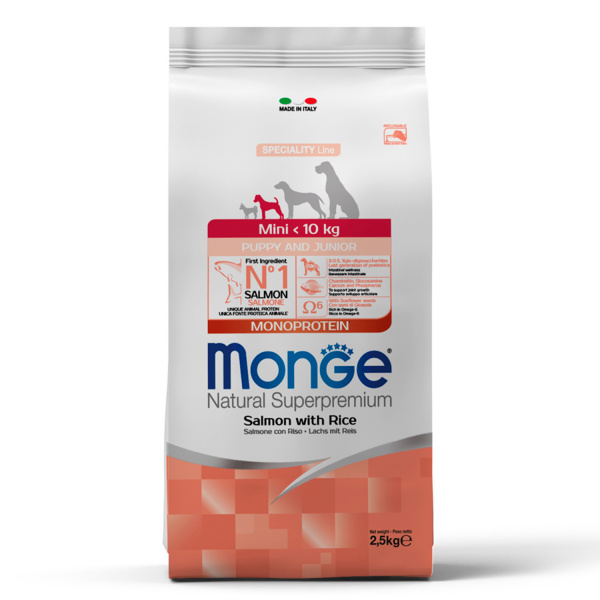 Сухой корм Monge Dog Speciality Line Monoprotein для щенков мелких пород, из лосося с рисом  2,5 кг
