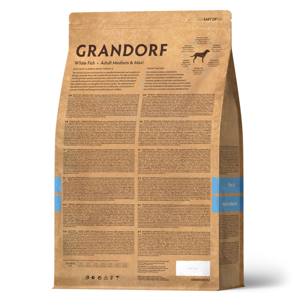 Сухой корм Grandorf Adult Medium Maxi для взрослых собак средних и крупных пород, из белой рыбы 1 кг