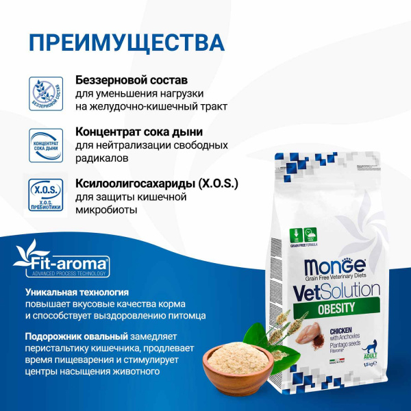 Диетический корм Monge VetSolution Cat Obesity Обесити для кошек при избыточном весе 1,5 кг