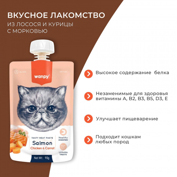 Лакомство Wanpy Cat для кошек Мясное пюре из лосося 90 г