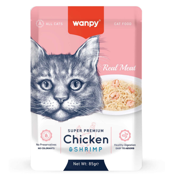 Пауч для кошек Wanpy Cat "Кусочки курицы и креветки" 85 г