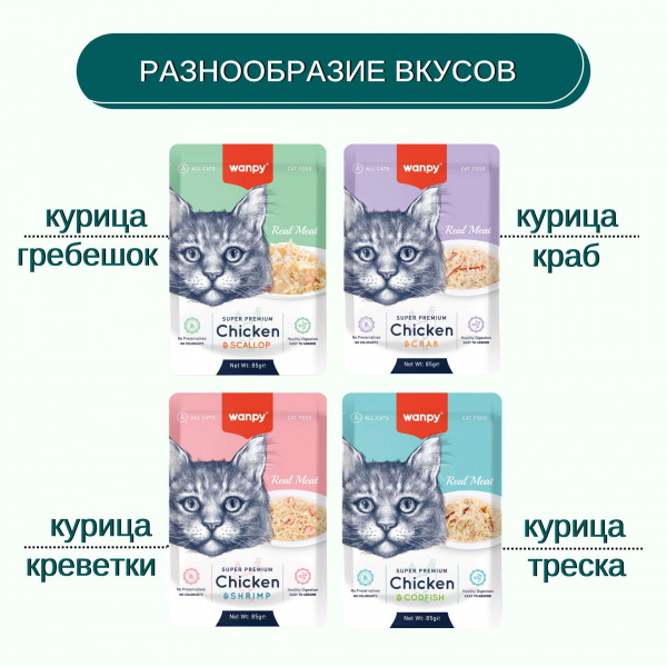 Пауч для кошек Wanpy Cat "Кусочки курицы и гребешки" 85 г